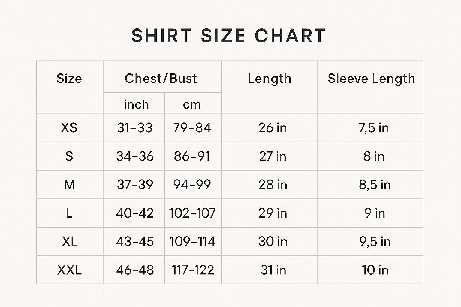 size chart for shirt